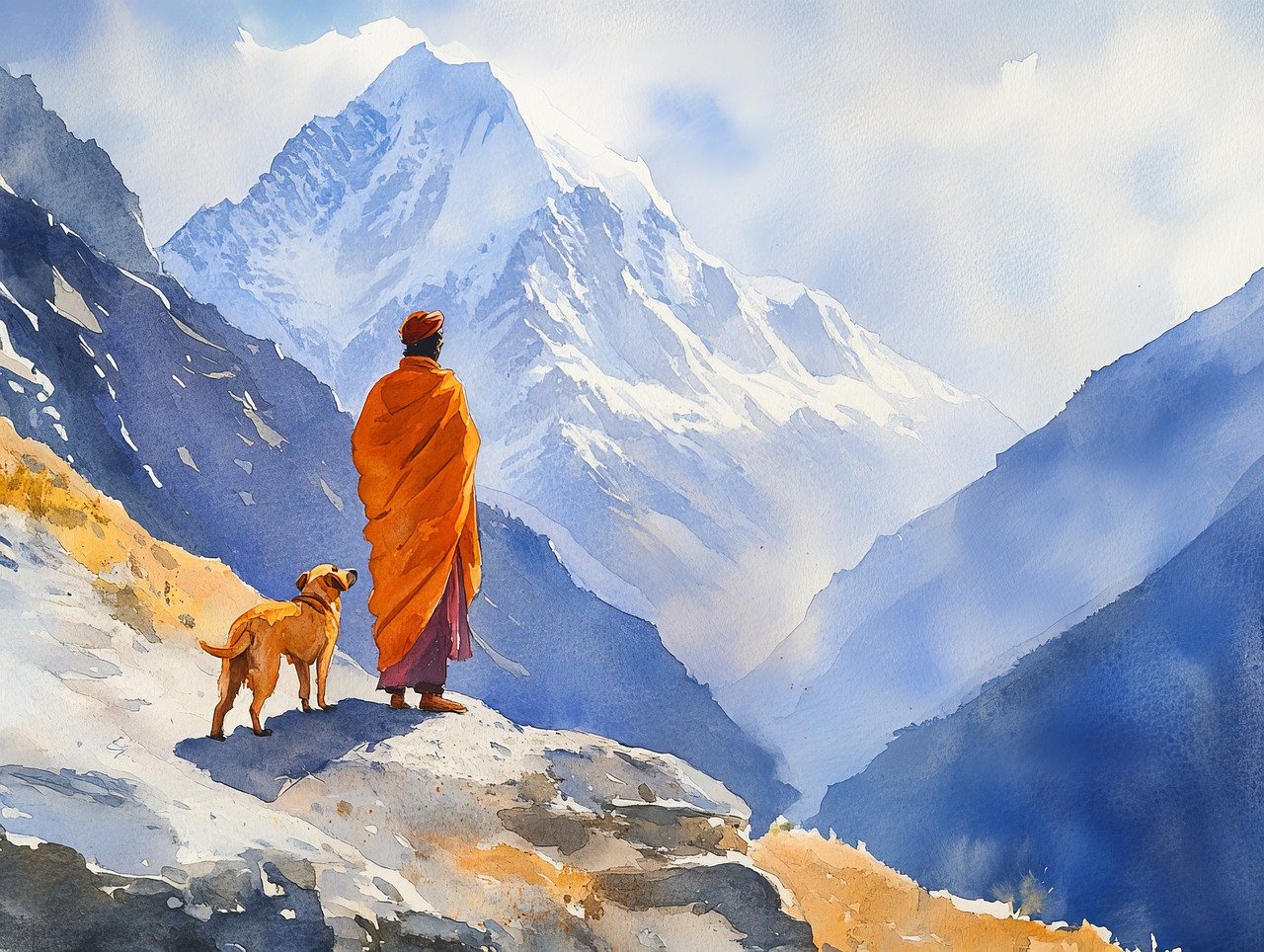 photo d'un moine bouddhiste qui contemple les sommets enneigés avec son chien
